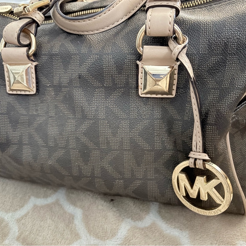 Michael Kors Brown and Tan MK Logo Satchel with Gold Hardware